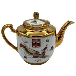Vintage Chinese Porcelain Gold Coloured Double Happiness Dragon & Phoenix Teapot